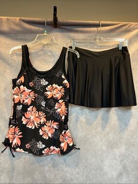 Black Floral One-Piece Tankini with Skirt - Black & Coral Floral